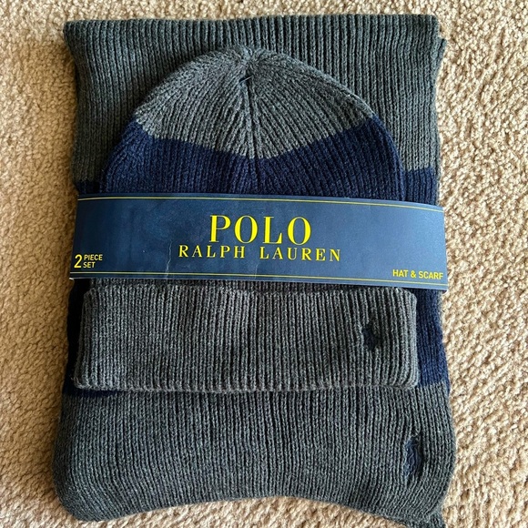 Polo Ralph Lauren Scarf and Hat Set in Gray and Blue NWT - Picture 1 of 3